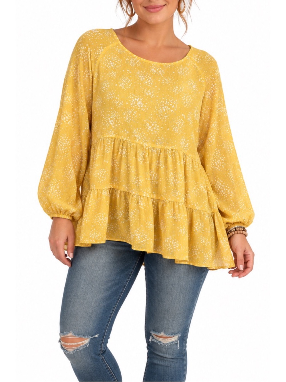 Daytrip Mustard Yellow Floral Tiered Blouse- Large